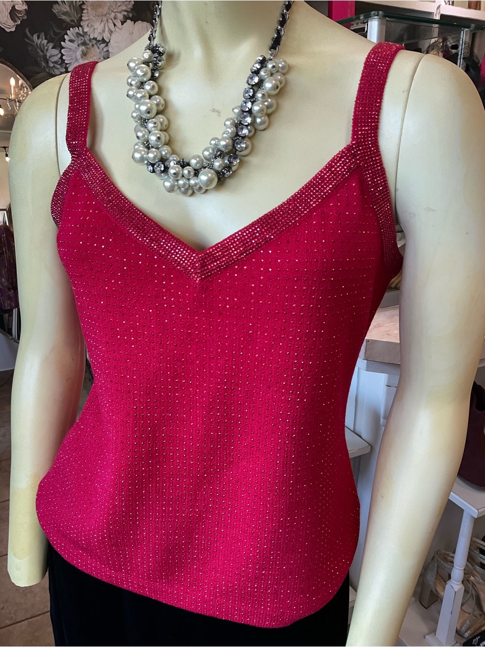 NEW St. John Tank bright Red party holiday evening sparkly crystals Knit S M - Picture 4 of 17